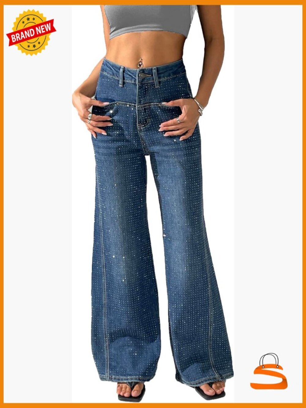 Wide Leg Palazzo Jeans Baggy High Waist Denim Pants Glitter Rhinestone Loose